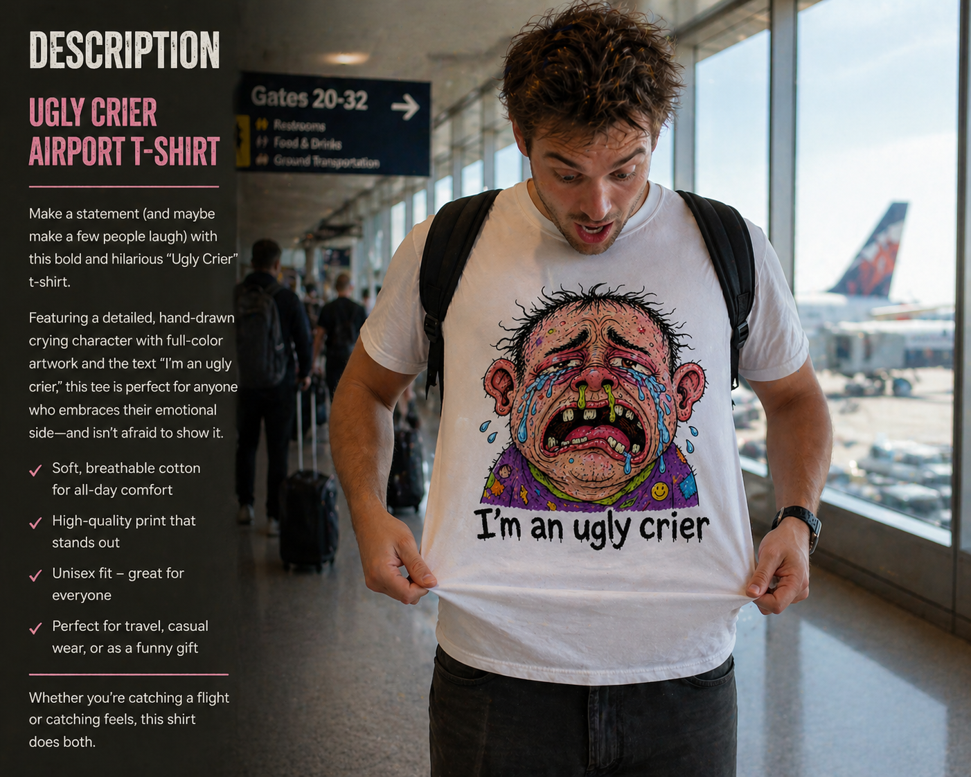 a hand-drawn illustration of a snotty man crying on a white t-shirt